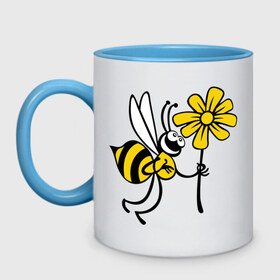 Кружка двухцветная с принтом Пчела с цветочком в Екатеринбурге, керамика | объем — 330 мл, диаметр — 80 мм. Цветная ручка и кайма сверху, в некоторых цветах — вся внутренняя часть | оса | пчела | цветок | шмель