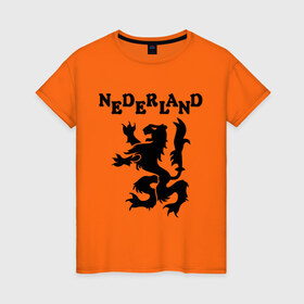 Женская футболка хлопок с принтом Сборная Голландии по Футболу в Екатеринбурге, 100% хлопок | прямой крой, круглый вырез горловины, длина до линии бедер, слегка спущенное плечо | nederland | герб | голландия | нидерланды | сборная | символ | футбол