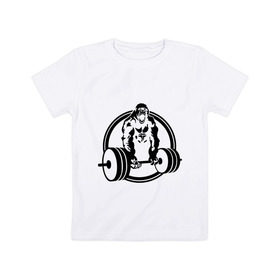 Детская футболка хлопок с принтом Горилла со штангой в Екатеринбурге, 100% хлопок | круглый вырез горловины, полуприлегающий силуэт, длина до линии бедер | горилла | кач | спорт | штанга