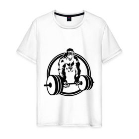 Мужская футболка хлопок с принтом Горилла со штангой в Екатеринбурге, 100% хлопок | прямой крой, круглый вырез горловины, длина до линии бедер, слегка спущенное плечо. | горилла | кач | спорт | штанга