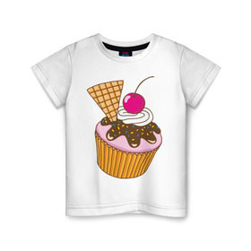 Детская футболка хлопок с принтом Кекс с вишней в Екатеринбурге, 100% хлопок | круглый вырез горловины, полуприлегающий силуэт, длина до линии бедер | вафля | вишенка | выпечка | для девшек | еда | кекс | кексик | маффин | рисунок