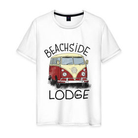Мужская футболка хлопок с принтом Beachside lodge в Екатеринбурге, 100% хлопок | прямой крой, круглый вырез горловины, длина до линии бедер, слегка спущенное плечо. | beachside lodge | автобус | автомобиль | лето | машина | пляж