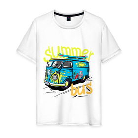 Мужская футболка хлопок с принтом Summer bus в Екатеринбурге, 100% хлопок | прямой крой, круглый вырез горловины, длина до линии бедер, слегка спущенное плечо. | summer bus | автобус | автомобиль | доска | лето | машина | серфинг
