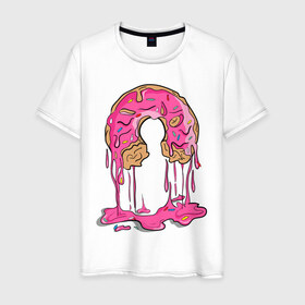 Мужская футболка хлопок с принтом Пончик в Екатеринбурге, 100% хлопок | прямой крой, круглый вырез горловины, длина до линии бедер, слегка спущенное плечо. | булочка | еда | крем | пончик