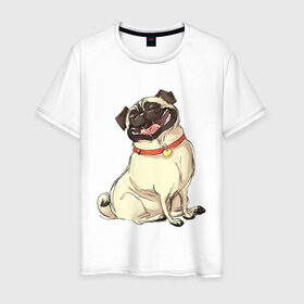 Мужская футболка хлопок с принтом Радостный мопс в Екатеринбурге, 100% хлопок | прямой крой, круглый вырез горловины, длина до линии бедер, слегка спущенное плечо. | милый | мопс | пес | радостная | собака