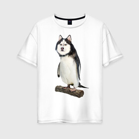 Женская футболка хлопок Oversize с принтом Хаскогвин в Екатеринбурге, 100% хлопок | свободный крой, круглый ворот, спущенный рукав, длина до линии бедер
 | пингвин