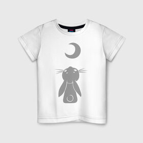 Детская футболка хлопок с принтом Зайчик смотрит на луну в Екатеринбурге, 100% хлопок | круглый вырез горловины, полуприлегающий силуэт, длина до линии бедер | Тематика изображения на принте: зайчик | заяц | кролик | луна | месяц | полумесяц
