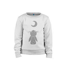 Детский свитшот хлопок с принтом Зайчик смотрит на луну в Екатеринбурге, 100% хлопок | круглый вырез горловины, эластичные манжеты, пояс и воротник | Тематика изображения на принте: зайчик | заяц | кролик | луна | месяц | полумесяц
