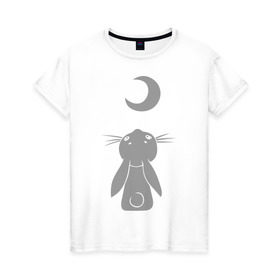 Женская футболка хлопок с принтом Зайчик смотрит на луну в Екатеринбурге, 100% хлопок | прямой крой, круглый вырез горловины, длина до линии бедер, слегка спущенное плечо | зайчик | заяц | кролик | луна | месяц | полумесяц
