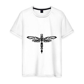 Мужская футболка хлопок с принтом Стрекоза в Екатеринбурге, 100% хлопок | прямой крой, круглый вырез горловины, длина до линии бедер, слегка спущенное плечо. | насекомое | стрекоза | тату | трайбл | узор