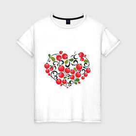 Женская футболка хлопок с принтом Сердце России с красными ягодами в Екатеринбурге, 100% хлопок | прямой крой, круглый вырез горловины, длина до линии бедер, слегка спущенное плечо | костяника | красные | россия | рябина | сердце | ягоды