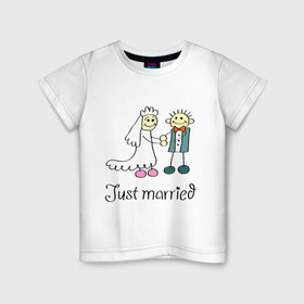 Детская футболка хлопок с принтом Just married в Екатеринбурге, 100% хлопок | круглый вырез горловины, полуприлегающий силуэт, длина до линии бедер | just | married | жених | молодожены | невеста | свадьба