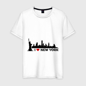 Мужская футболка хлопок с принтом I love NY (панорама) в Екатеринбурге, 100% хлопок | прямой крой, круглый вырез горловины, длина до линии бедер, слегка спущенное плечо. | i | love | new | york | город | йорк | люблю | нью | панорама | свобода | статуя | я