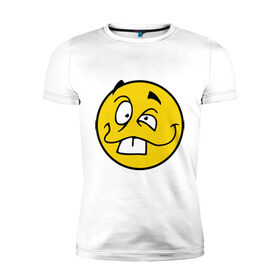 Мужская футболка премиум с принтом Неадекватный смайл в Екатеринбурге, 92% хлопок, 8% лайкра | приталенный силуэт, круглый вырез ворота, длина до линии бедра, короткий рукав | глупый | лицо | неадекват | нелепый | смайл | смешной | сумасшедший | улыбка