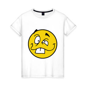 Женская футболка хлопок с принтом Неадекватный смайл в Екатеринбурге, 100% хлопок | прямой крой, круглый вырез горловины, длина до линии бедер, слегка спущенное плечо | глупый | лицо | неадекват | нелепый | смайл | смешной | сумасшедший | улыбка