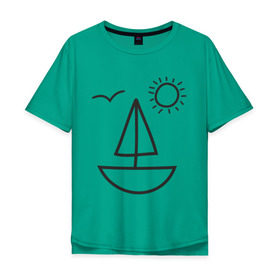 Мужская футболка хлопок Oversize с принтом Настроение - море в Екатеринбурге, 100% хлопок | свободный крой, круглый ворот, “спинка” длиннее передней части | корабль | лицо | лодка | море | настроение | парус | птица | рожица | солнце | улыбка | чайка | яхта