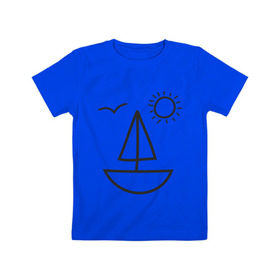 Детская футболка хлопок с принтом Настроение - море в Екатеринбурге, 100% хлопок | круглый вырез горловины, полуприлегающий силуэт, длина до линии бедер | Тематика изображения на принте: корабль | лицо | лодка | море | настроение | парус | птица | рожица | солнце | улыбка | чайка | яхта