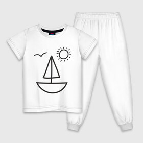 Детская пижама хлопок с принтом Настроение - море в Екатеринбурге, 100% хлопок |  брюки и футболка прямого кроя, без карманов, на брюках мягкая резинка на поясе и по низу штанин
 | корабль | лицо | лодка | море | настроение | парус | птица | рожица | солнце | улыбка | чайка | яхта