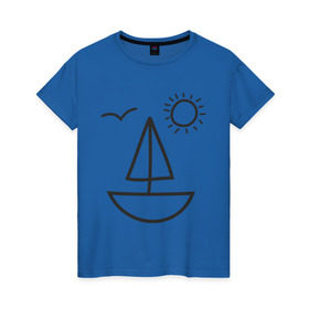 Женская футболка хлопок с принтом Настроение - море в Екатеринбурге, 100% хлопок | прямой крой, круглый вырез горловины, длина до линии бедер, слегка спущенное плечо | корабль | лицо | лодка | море | настроение | парус | птица | рожица | солнце | улыбка | чайка | яхта