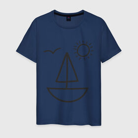 Мужская футболка хлопок с принтом Настроение - море в Екатеринбурге, 100% хлопок | прямой крой, круглый вырез горловины, длина до линии бедер, слегка спущенное плечо. | корабль | лицо | лодка | море | настроение | парус | птица | рожица | солнце | улыбка | чайка | яхта