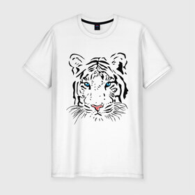Мужская футболка премиум с принтом Белый тигр в Екатеринбурге, 92% хлопок, 8% лайкра | приталенный силуэт, круглый вырез ворота, длина до линии бедра, короткий рукав | белый | голова | красивый | редкий | тигр