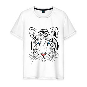 Мужская футболка хлопок с принтом Белый тигр в Екатеринбурге, 100% хлопок | прямой крой, круглый вырез горловины, длина до линии бедер, слегка спущенное плечо. | белый | голова | красивый | редкий | тигр
