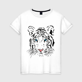 Женская футболка хлопок с принтом Белый тигр в Екатеринбурге, 100% хлопок | прямой крой, круглый вырез горловины, длина до линии бедер, слегка спущенное плечо | белый | голова | красивый | редкий | тигр