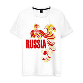 Мужская футболка хлопок с принтом Россия в Екатеринбурге, 100% хлопок | прямой крой, круглый вырез горловины, длина до линии бедер, слегка спущенное плечо. | жар | золотая | металл | патриот | птица | россия | русский
