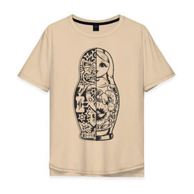 Мужская футболка хлопок Oversize с принтом Матрешка в Екатеринбурге, 100% хлопок | свободный крой, круглый ворот, “спинка” длиннее передней части | кукла | матрешка | пружины | разрез | россия | русский | шестеренки. механизм
