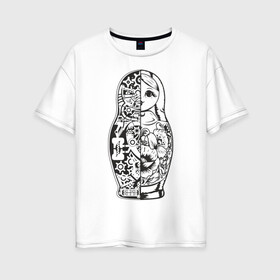 Женская футболка хлопок Oversize с принтом Матрешка в Екатеринбурге, 100% хлопок | свободный крой, круглый ворот, спущенный рукав, длина до линии бедер
 | кукла | матрешка | пружины | разрез | россия | русский | шестеренки. механизм