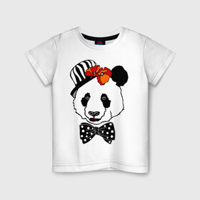 Детская футболка хлопок с принтом Панда с маками в Екатеринбурге, 100% хлопок | круглый вырез горловины, полуприлегающий силуэт, длина до линии бедер | бабочка | галстук | мак | медведь | панда | цветы | шляпа
