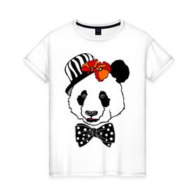Женская футболка хлопок с принтом Панда с маками в Екатеринбурге, 100% хлопок | прямой крой, круглый вырез горловины, длина до линии бедер, слегка спущенное плечо | бабочка | галстук | мак | медведь | панда | цветы | шляпа