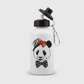 Бутылка спортивная с принтом Панда с маками в Екатеринбурге, металл | емкость — 500 мл, в комплекте две пластиковые крышки и карабин для крепления | бабочка | галстук | мак | медведь | панда | цветы | шляпа