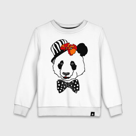 Детский свитшот хлопок с принтом Панда с маками в Екатеринбурге, 100% хлопок | круглый вырез горловины, эластичные манжеты, пояс и воротник | Тематика изображения на принте: бабочка | галстук | мак | медведь | панда | цветы | шляпа