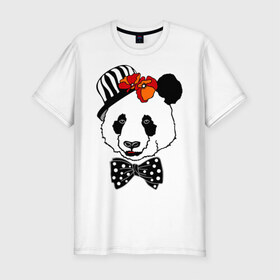 Мужская футболка премиум с принтом Панда с маками в Екатеринбурге, 92% хлопок, 8% лайкра | приталенный силуэт, круглый вырез ворота, длина до линии бедра, короткий рукав | бабочка | галстук | мак | медведь | панда | цветы | шляпа
