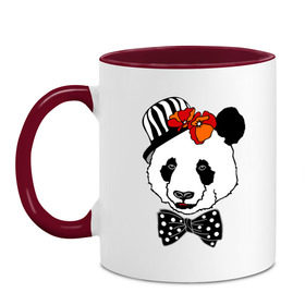 Кружка двухцветная с принтом Панда с маками в Екатеринбурге, керамика | объем — 330 мл, диаметр — 80 мм. Цветная ручка и кайма сверху, в некоторых цветах — вся внутренняя часть | бабочка | галстук | мак | медведь | панда | цветы | шляпа