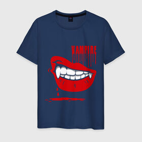 Мужская футболка хлопок с принтом Вампир в Екатеринбурге, 100% хлопок | прямой крой, круглый вырез горловины, длина до линии бедер, слегка спущенное плечо. | вампир | губы | зубы | клыки | кровь | улыбка | усмешка | ухмылка