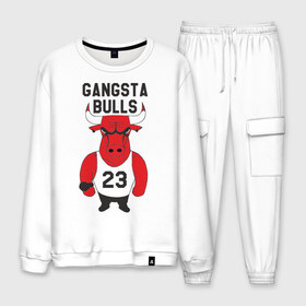 Мужской костюм хлопок с принтом Gangsta Bulls в Екатеринбурге, 100% хлопок | на свитшоте круглая горловина, мягкая резинка по низу. Брюки заужены к низу, на них два вида карманов: два “обычных” по бокам и два объемных, с клапанами, расположенные ниже линии бедра. Брюки с мягкой трикотажной резинкой на поясе и по низу штанин. В поясе для дополнительного комфорта — широкие завязки | bulls | chicago | gangsta | бык | гангстер | чикаго