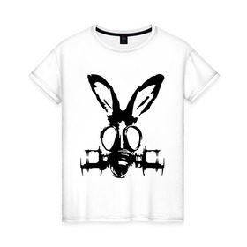 Женская футболка хлопок с принтом Заяц в противогазе в Екатеринбурге, 100% хлопок | прямой крой, круглый вырез горловины, длина до линии бедер, слегка спущенное плечо | заяц | кролик | осел | противогаз | респиратор | уши
