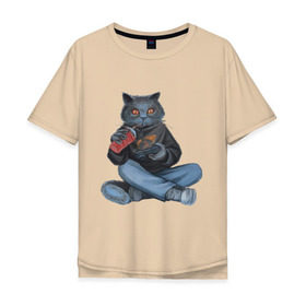 Мужская футболка хлопок Oversize с принтом Кот геймер в Екатеринбурге, 100% хлопок | свободный крой, круглый ворот, “спинка” длиннее передней части | джойстик | игрок | кола | контроллер | кот
