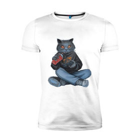 Мужская футболка премиум с принтом Кот геймер в Екатеринбурге, 92% хлопок, 8% лайкра | приталенный силуэт, круглый вырез ворота, длина до линии бедра, короткий рукав | джойстик | игрок | кола | контроллер | кот