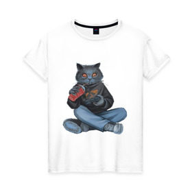 Женская футболка хлопок с принтом Кот геймер в Екатеринбурге, 100% хлопок | прямой крой, круглый вырез горловины, длина до линии бедер, слегка спущенное плечо | джойстик | игрок | кола | контроллер | кот