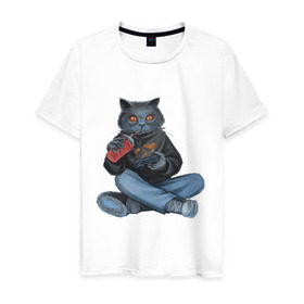 Мужская футболка хлопок с принтом Кот геймер в Екатеринбурге, 100% хлопок | прямой крой, круглый вырез горловины, длина до линии бедер, слегка спущенное плечо. | джойстик | игрок | кола | контроллер | кот