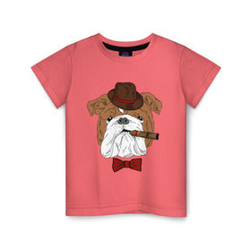 Детская футболка хлопок с принтом Английский бульдог с сигарой в Екатеринбурге, 100% хлопок | круглый вырез горловины, полуприлегающий силуэт, длина до линии бедер | Тематика изображения на принте: английский | бабочка | бульдог | галстук | пес | псина | собака | шляпа