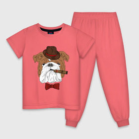 Детская пижама хлопок с принтом Английский бульдог с сигарой в Екатеринбурге, 100% хлопок |  брюки и футболка прямого кроя, без карманов, на брюках мягкая резинка на поясе и по низу штанин
 | английский | бабочка | бульдог | галстук | пес | псина | собака | шляпа