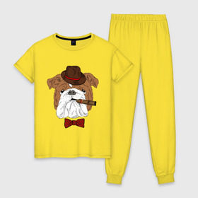 Женская пижама хлопок с принтом Английский бульдог с сигарой в Екатеринбурге, 100% хлопок | брюки и футболка прямого кроя, без карманов, на брюках мягкая резинка на поясе и по низу штанин | английский | бабочка | бульдог | галстук | пес | псина | собака | шляпа