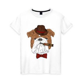 Женская футболка хлопок с принтом Английский бульдог с сигарой в Екатеринбурге, 100% хлопок | прямой крой, круглый вырез горловины, длина до линии бедер, слегка спущенное плечо | английский | бабочка | бульдог | галстук | пес | псина | собака | шляпа