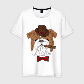 Мужская футболка хлопок с принтом Английский бульдог с сигарой в Екатеринбурге, 100% хлопок | прямой крой, круглый вырез горловины, длина до линии бедер, слегка спущенное плечо. | Тематика изображения на принте: английский | бабочка | бульдог | галстук | пес | псина | собака | шляпа