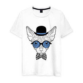 Мужская футболка хлопок с принтом Сфинкс в цилиндре в Екатеринбурге, 100% хлопок | прямой крой, круглый вырез горловины, длина до линии бедер, слегка спущенное плечо. | бабочка | галстук | кот | котелок | кошка. киса | очки | сфинкс | цилиндр | шляпа
