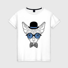 Женская футболка хлопок с принтом Сфинкс в цилиндре в Екатеринбурге, 100% хлопок | прямой крой, круглый вырез горловины, длина до линии бедер, слегка спущенное плечо | бабочка | галстук | кот | котелок | кошка. киса | очки | сфинкс | цилиндр | шляпа